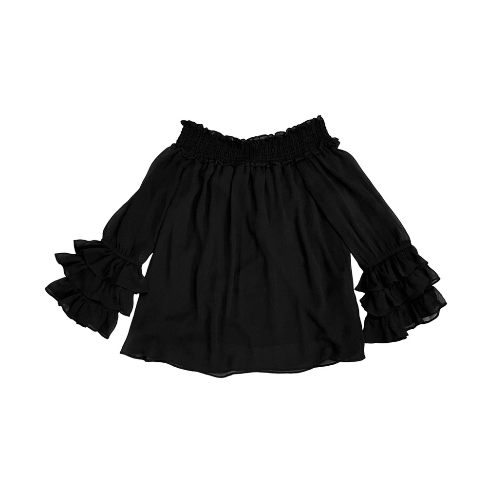 Black Off-Shoulder Tiered Cuff Ruffle Blouse